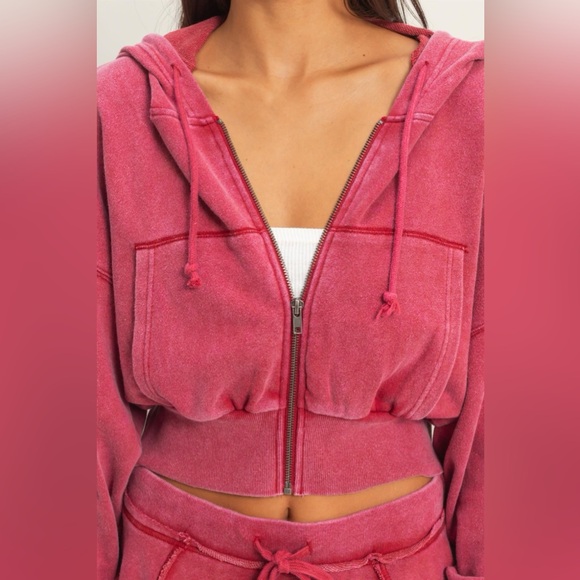 NWT Acid Washed Cropped Zip Up Terry Hoodie Crop Hooded Sweatshirt Dark Red - Picture 7 of 11